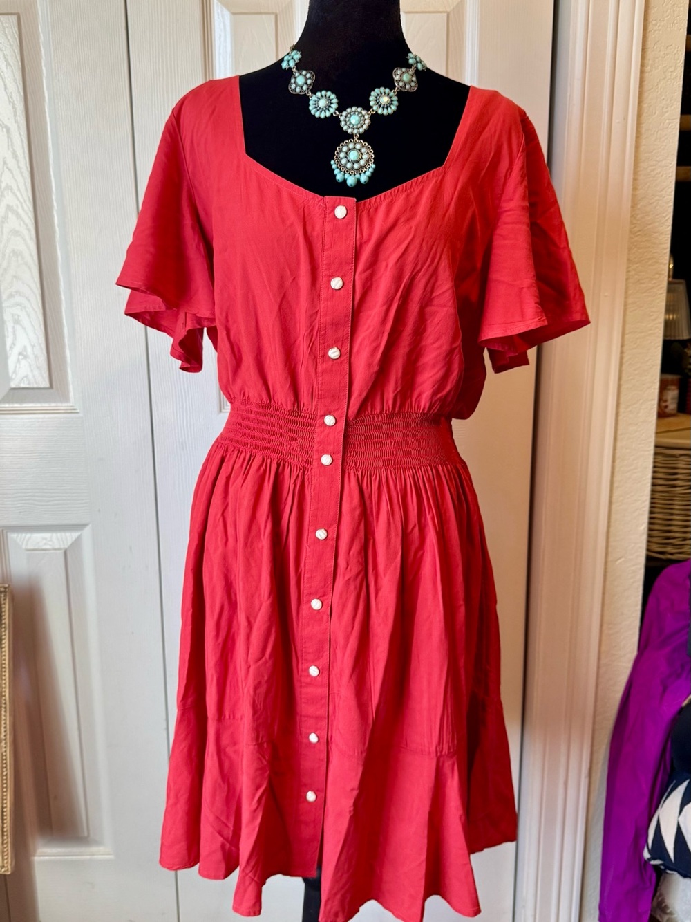 Wrangler Snap-Front Smocked Waist Dress w/flutter sleeves